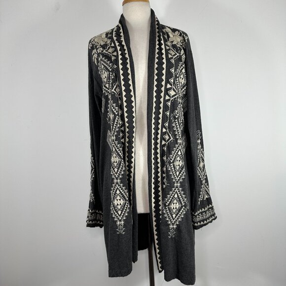NWT Johnny Was Tulla Embroidered Duster Cardigan Long Gray White Open Size L - Picture 1 of 12